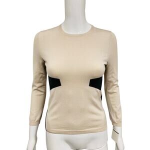 JIL SANDER NAVY Beige Silk Blend Blue Border Pullover Crewneck Sweater Size XS